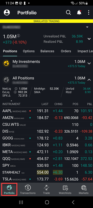 The portfolio details on the Android phone